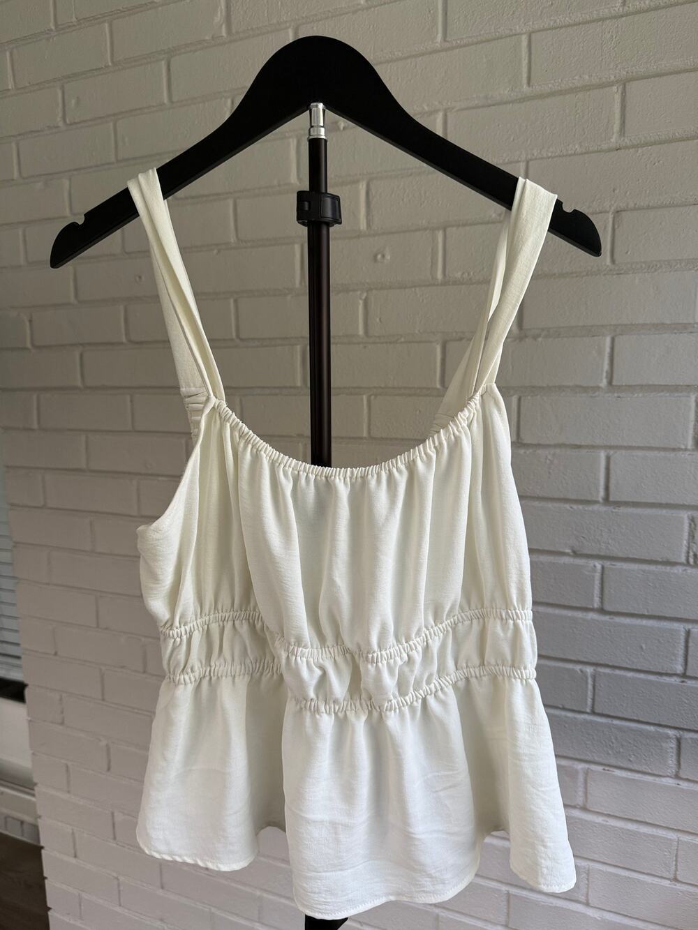 Made USA White Babydoll Tank Top XL Ruched Peplum Sleeveless Boho Cottage